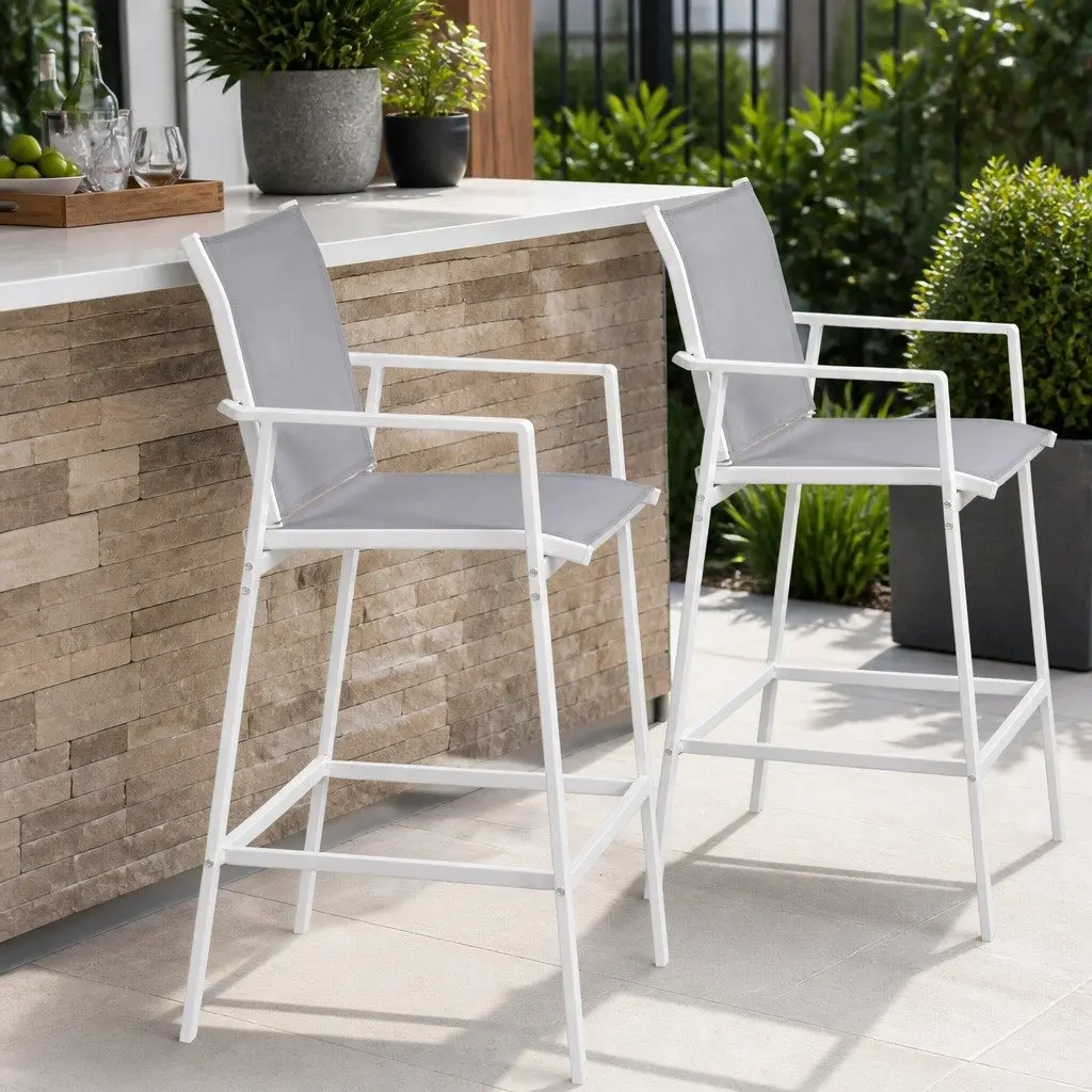 Outdoor Bar Stools for Patio Garden White Steel Textilene 2 Piece
