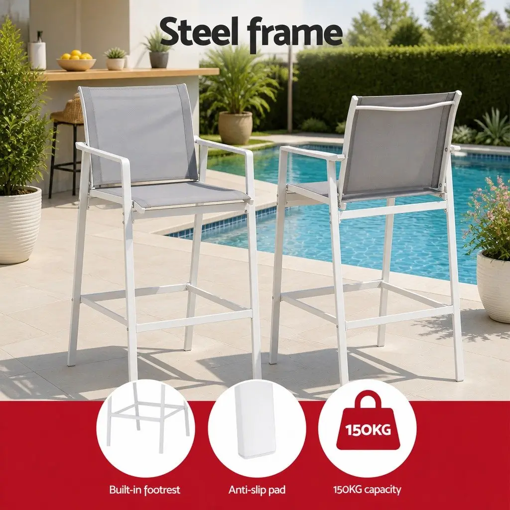 Outdoor Bar Stools for Patio Garden White Steel Textilene 2 Piece