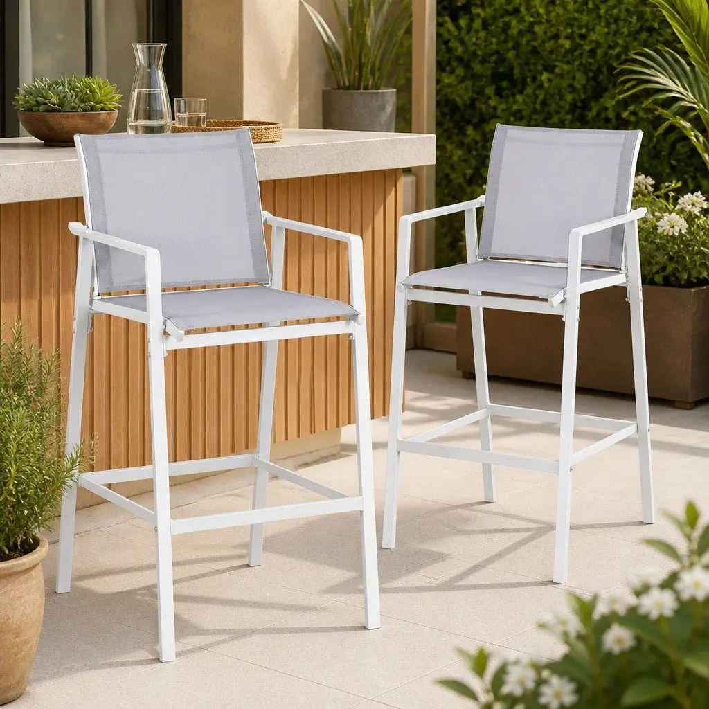 Outdoor Bar Stools for Patio Garden White Steel Textilene 2 Piece