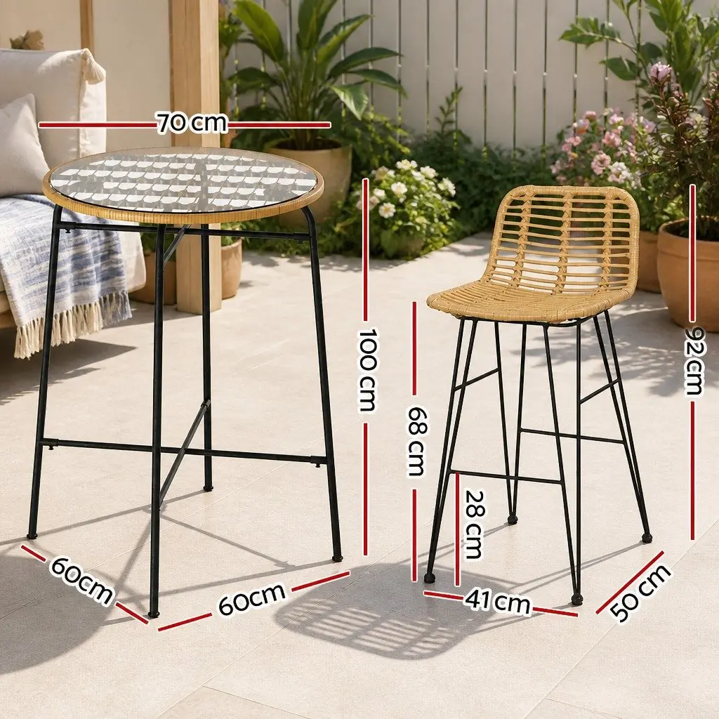3-Piece Wicker Outdoor Bar Set for Patio with Chairs and Table in Brown and Black