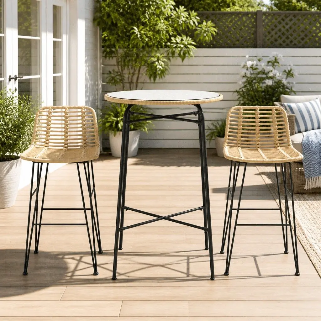 3-Piece Wicker Outdoor Bar Set for Patio with Chairs and Table in Brown and Black