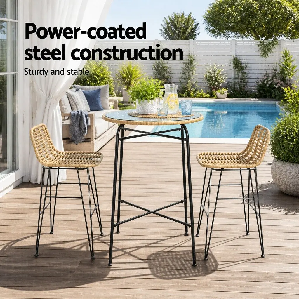 3-Piece Wicker Outdoor Bar Set for Patio with Chairs and Table in Brown and Black