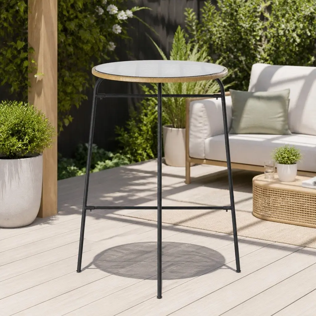 Outdoor Bar Table Wicker Dining Bistro Patio Glass 70cm x 70cm x 100cm