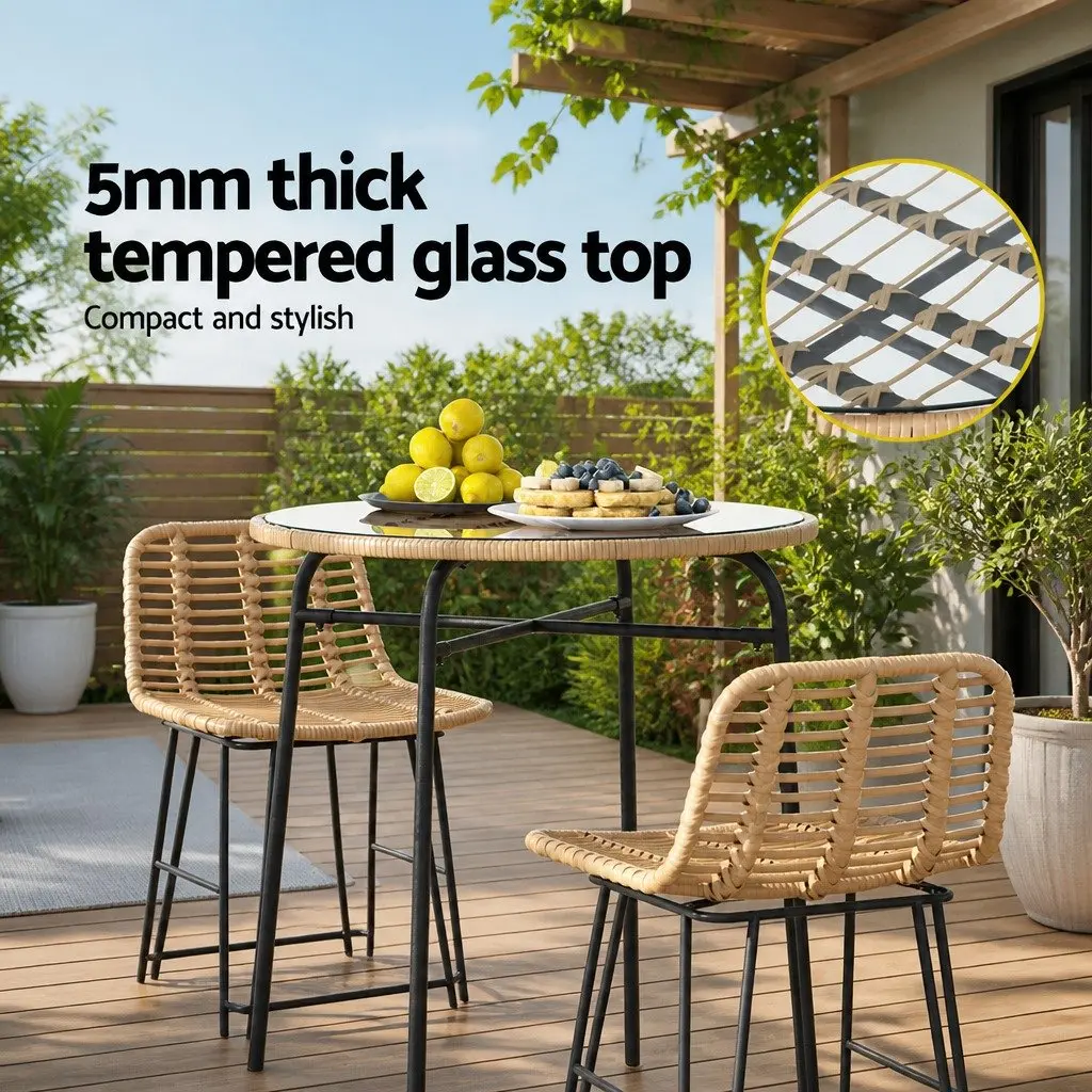 Outdoor Bar Table Wicker Dining Bistro Patio Glass 70cm x 70cm x 100cm