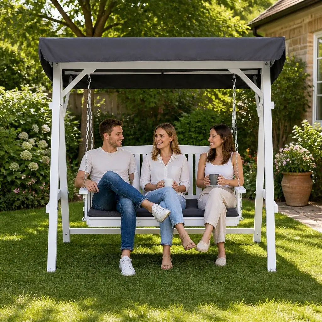 Outdoor Swing Chair Garden Bench 3 Seater with Canopy White