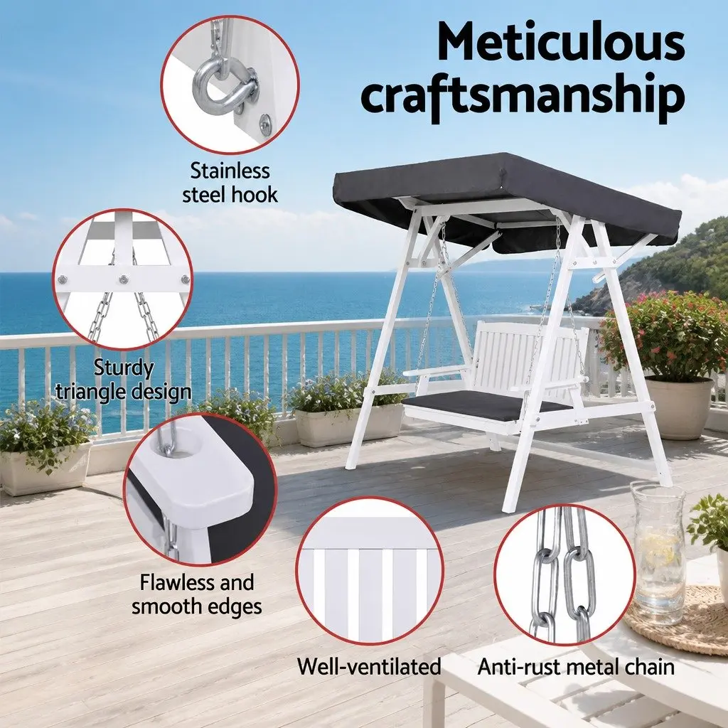 Outdoor Swing Chair Garden Bench 3 Seater with Canopy White