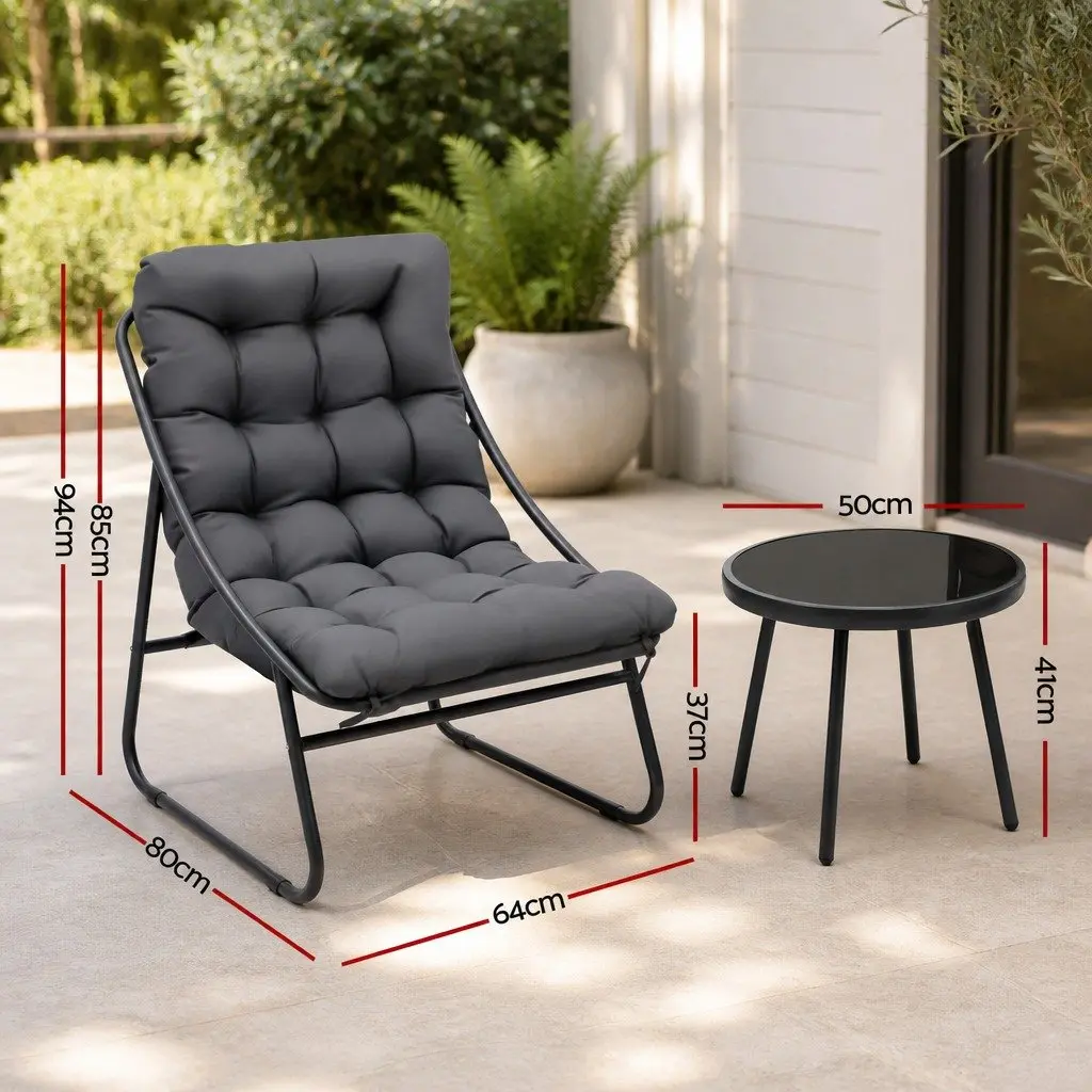 3 Piece Outdoor Dining Set for Patio Steel Frame Glass Table Grey