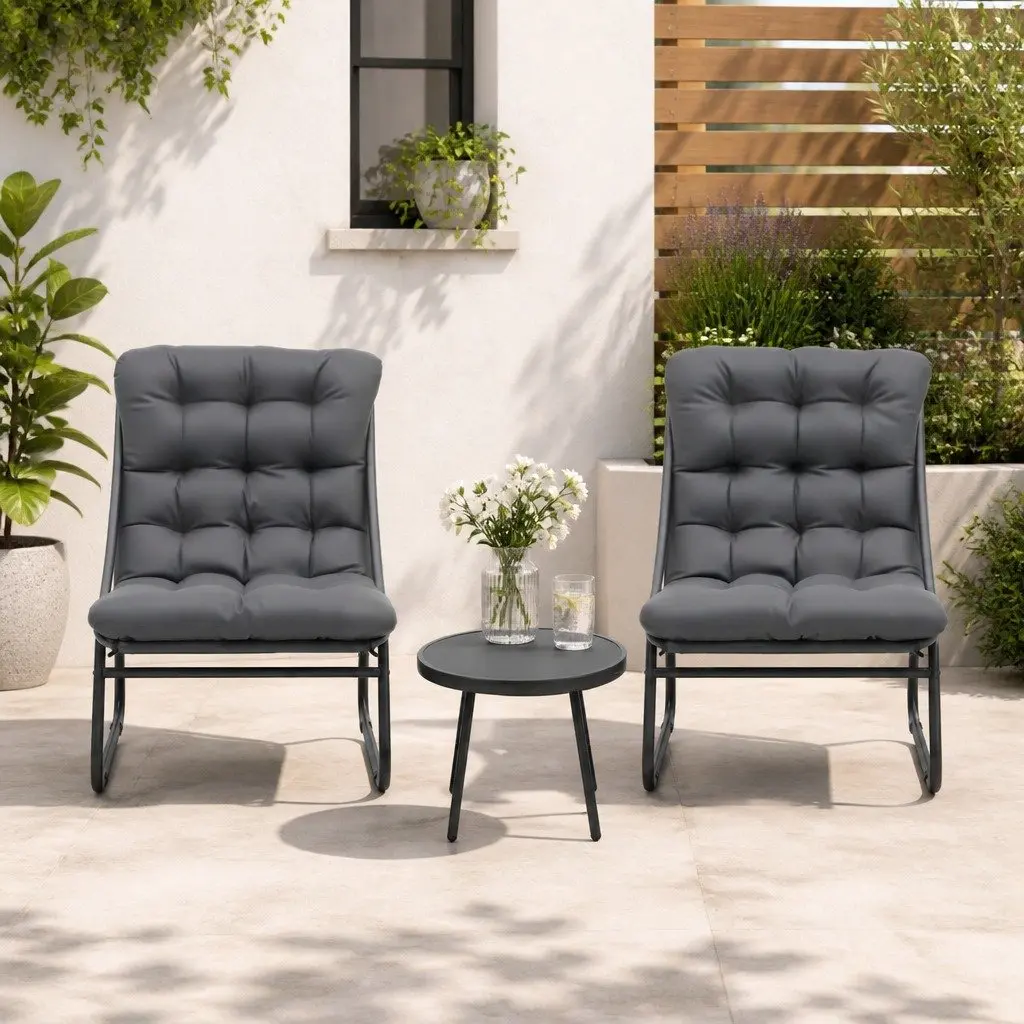 3 Piece Outdoor Dining Set for Patio Steel Frame Glass Table Grey