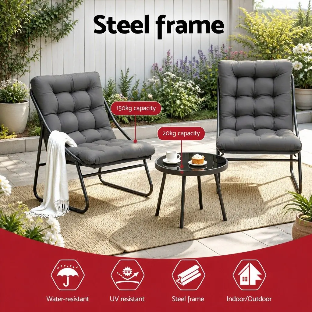 3 Piece Outdoor Dining Set for Patio Steel Frame Glass Table Grey