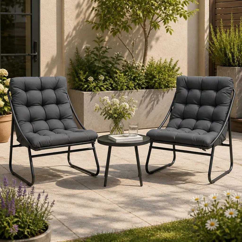 3 Piece Outdoor Dining Set for Patio Steel Frame Glass Table Grey
