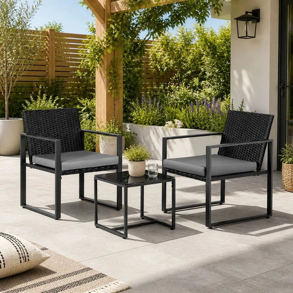 3 Piece Outdoor Bistro Set Patio Dining Chairs Table Wicker Furniture Black