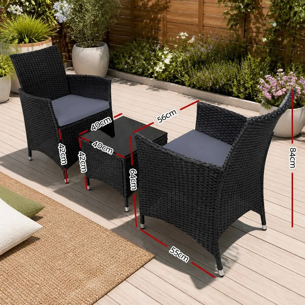 3 Piece Outdoor Bistro Set Patio Wicker Chairs Side Table with Cushions Black