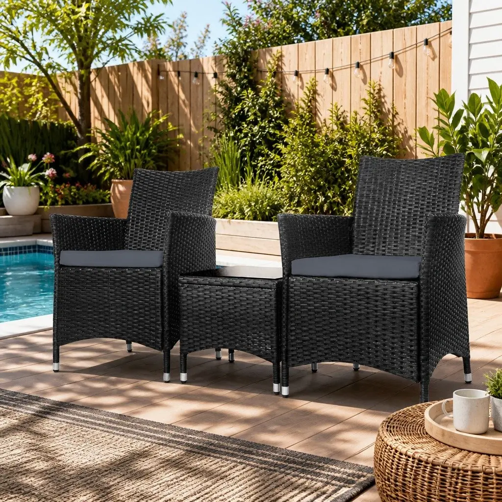 3 Piece Outdoor Bistro Set Patio Wicker Chairs Side Table with Cushions Black