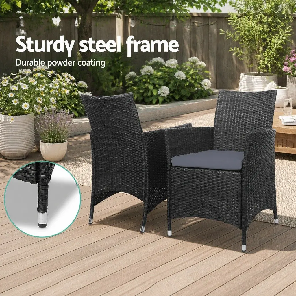 3 Piece Outdoor Bistro Set Patio Wicker Chairs Side Table with Cushions Black