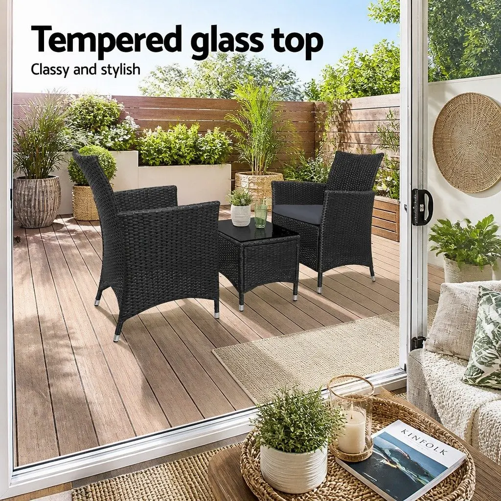 3 Piece Outdoor Bistro Set Patio Wicker Chairs Side Table with Cushions Black