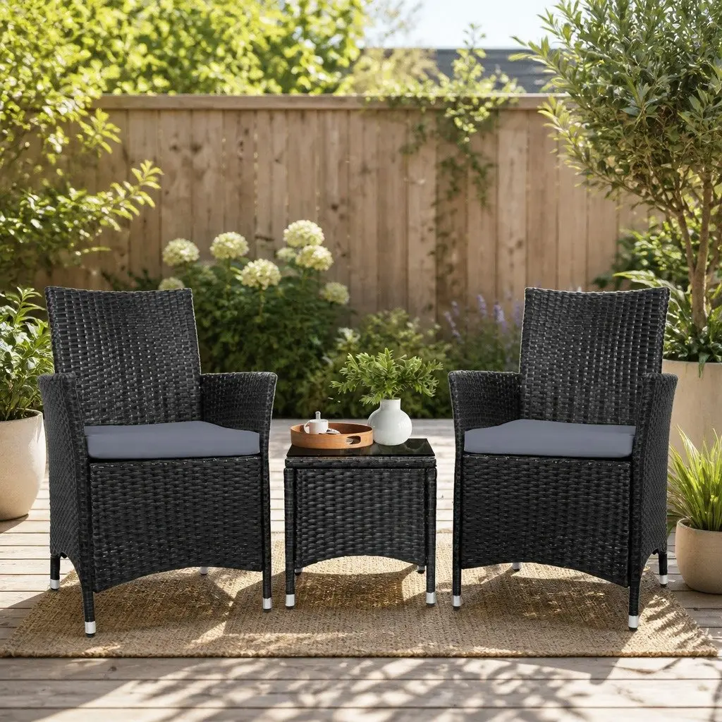 3 Piece Outdoor Bistro Set Patio Wicker Chairs Side Table with Cushions Black