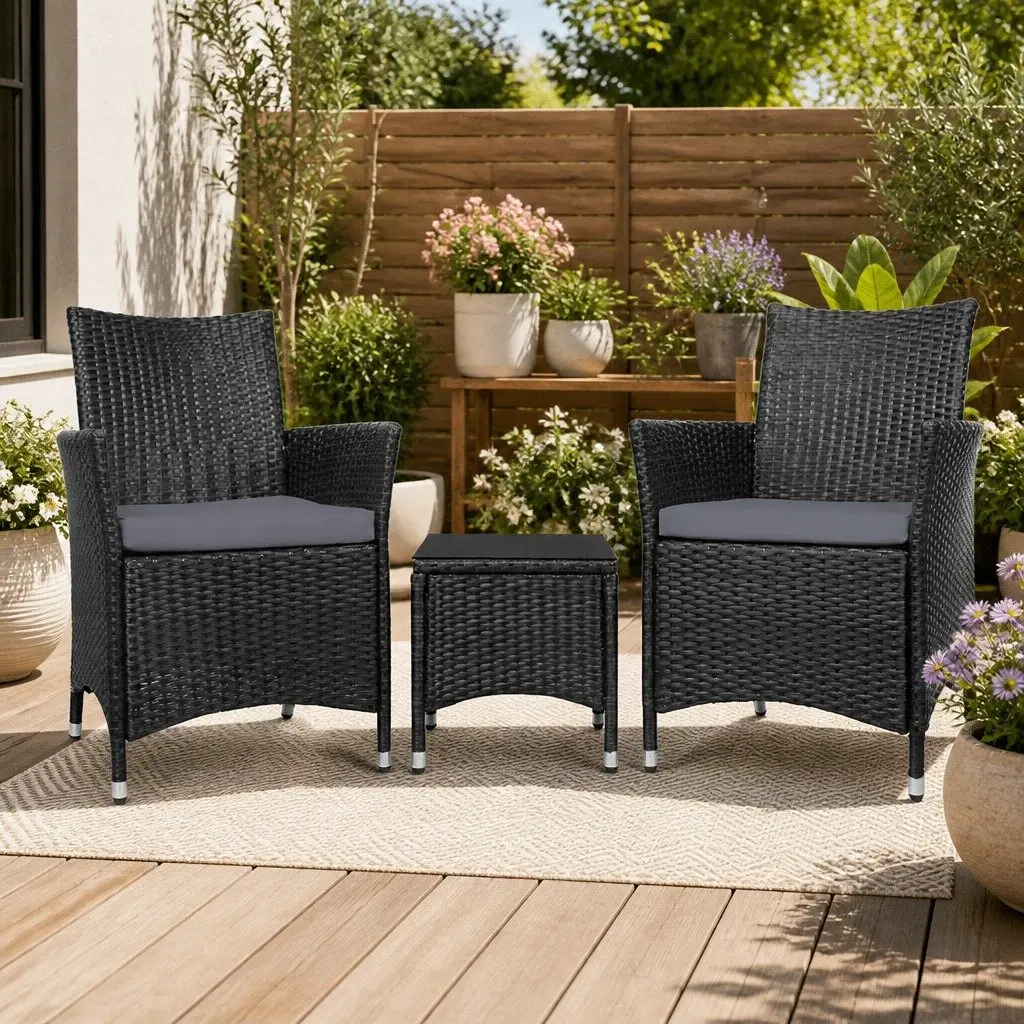 3 Piece Outdoor Bistro Set Patio Wicker Chairs Side Table with Cushions Black