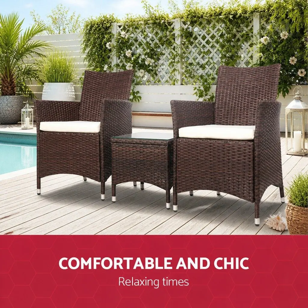 Outdoor Bistro Set 3-Piece Patio Chair and Table with Cushions Brown Wicker