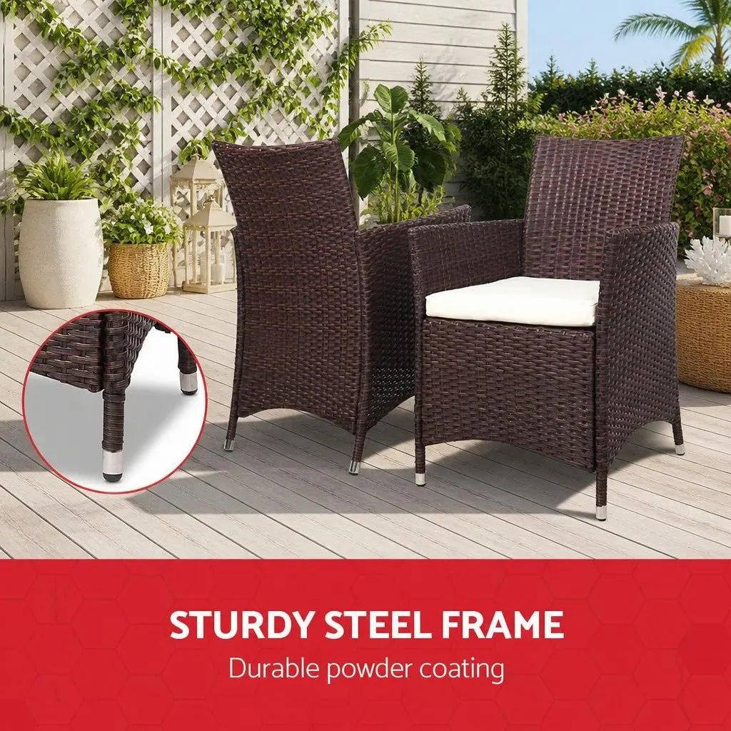 Outdoor Bistro Set 3-Piece Patio Chair and Table with Cushions Brown Wicker
