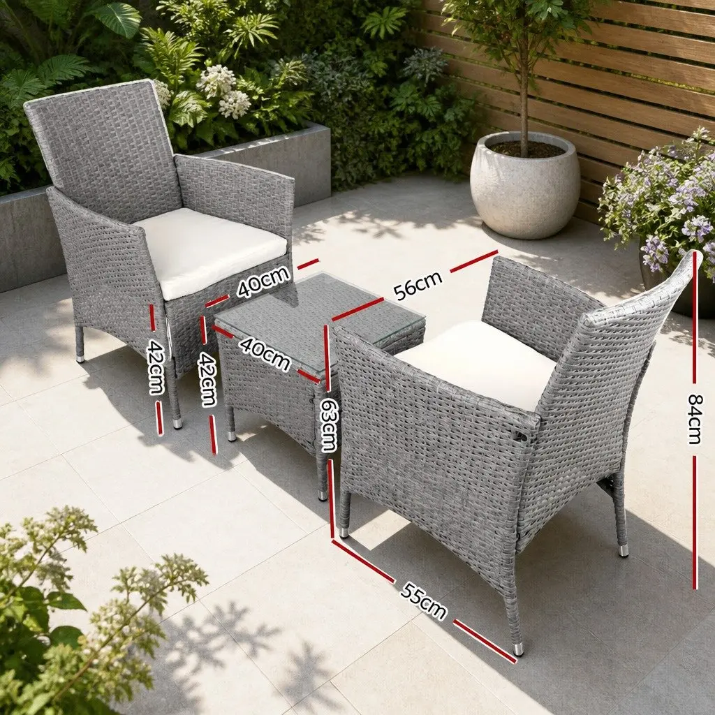3 Piece Outdoor Bistro Set Patio Furniture Grey Wicker Chairs Side Table