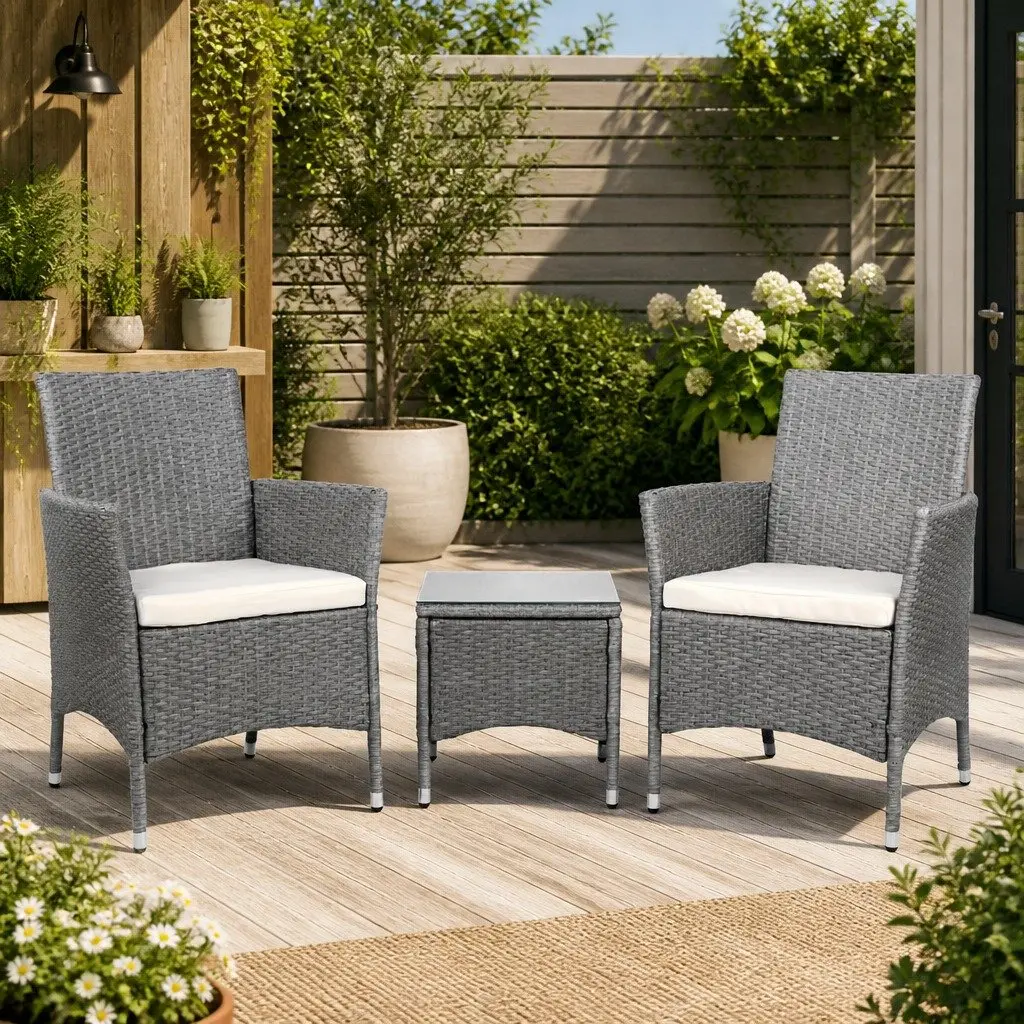 3 Piece Outdoor Bistro Set Patio Furniture Grey Wicker Chairs Side Table