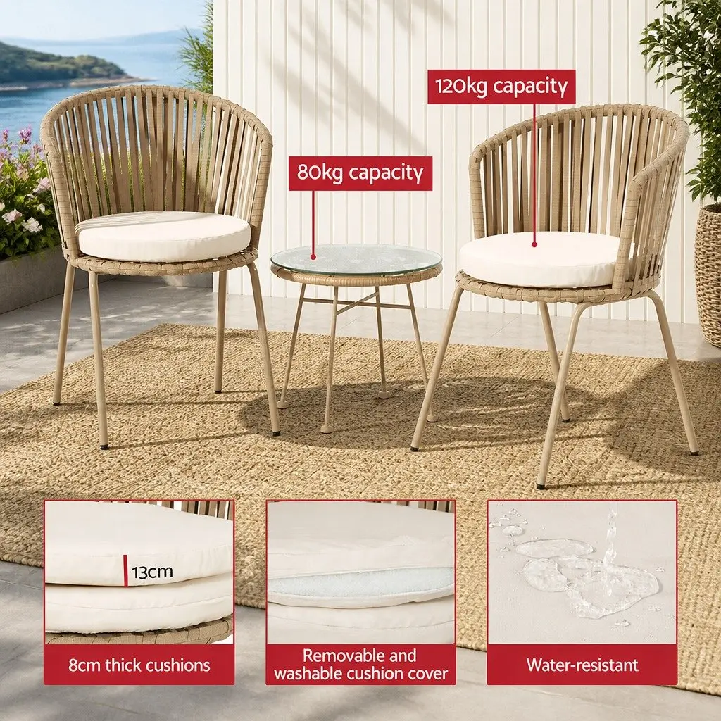 3 Piece Outdoor Bistro Set Patio Furniture Rope Chairs Coffee Table Brown Beige