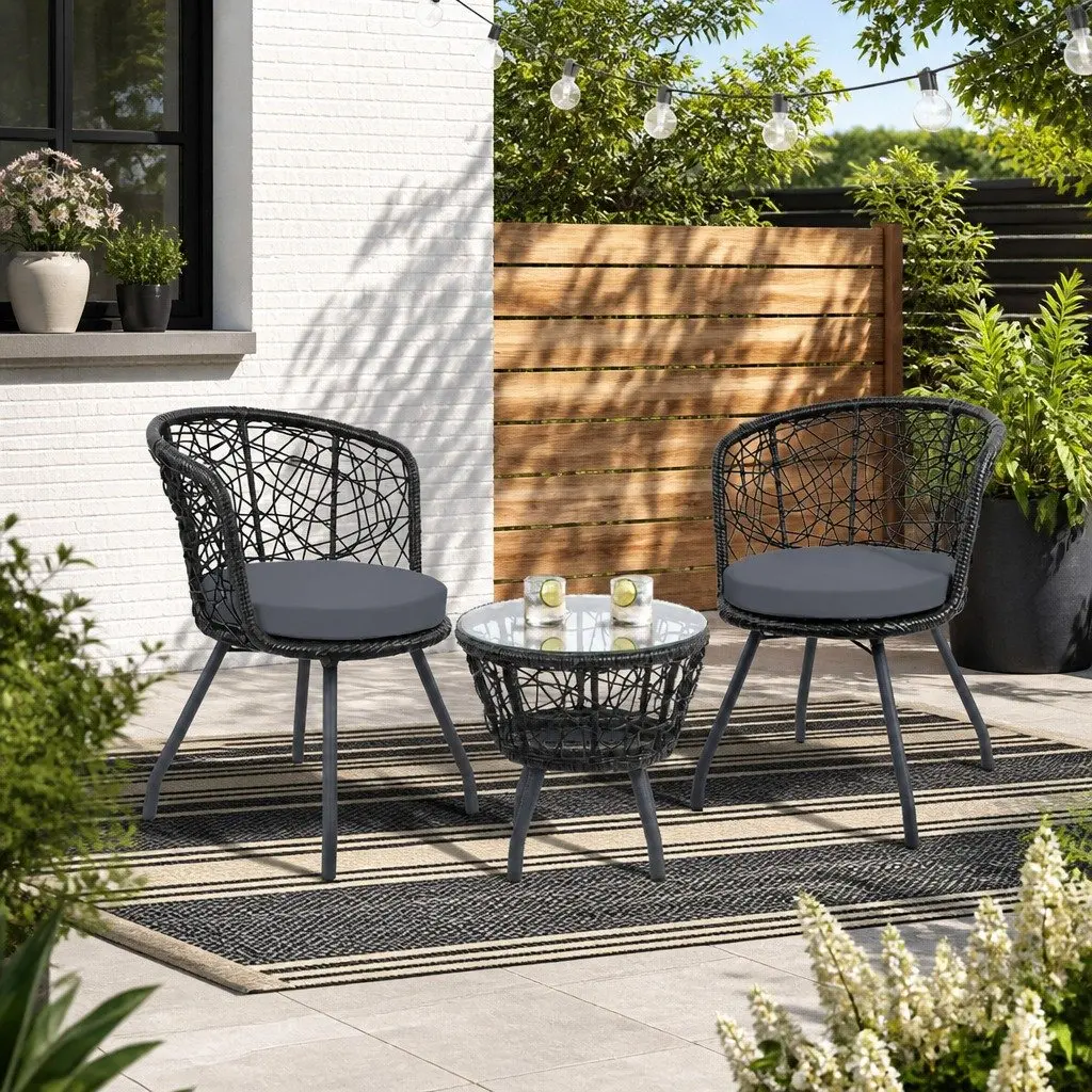 3 Piece Outdoor Rattan Bistro Set Patio Garden Use Black