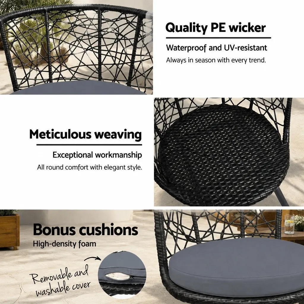 3 Piece Outdoor Rattan Bistro Set Patio Garden Use Black