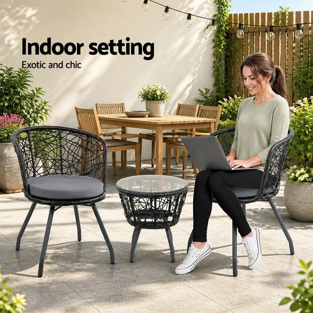 3 Piece Outdoor Rattan Bistro Set Patio Garden Use Black