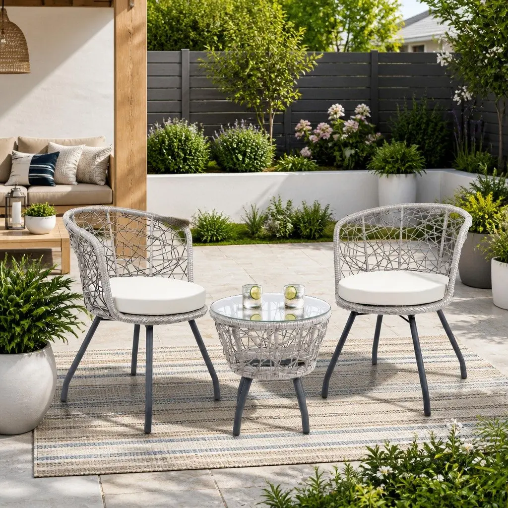 3PC Outdoor Rattan Bistro Set Patio Garden Furniture Round Table Chairs Grey