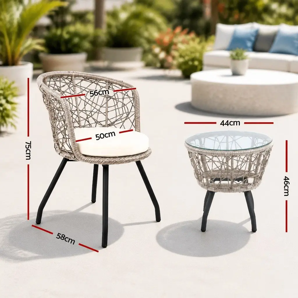 3PC Outdoor Rattan Bistro Set Patio Garden Furniture Round Table Chairs Grey