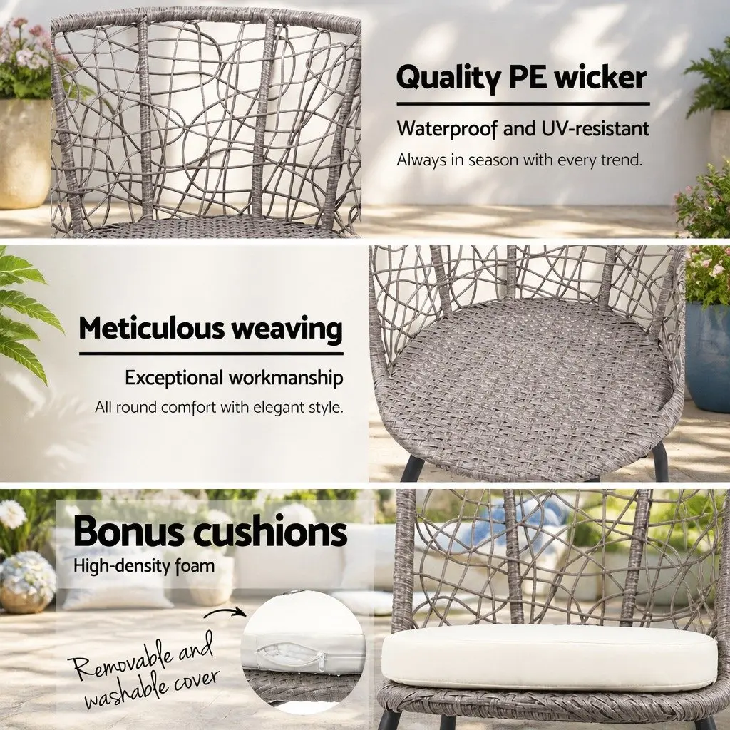 3PC Outdoor Rattan Bistro Set Patio Garden Furniture Round Table Chairs Grey