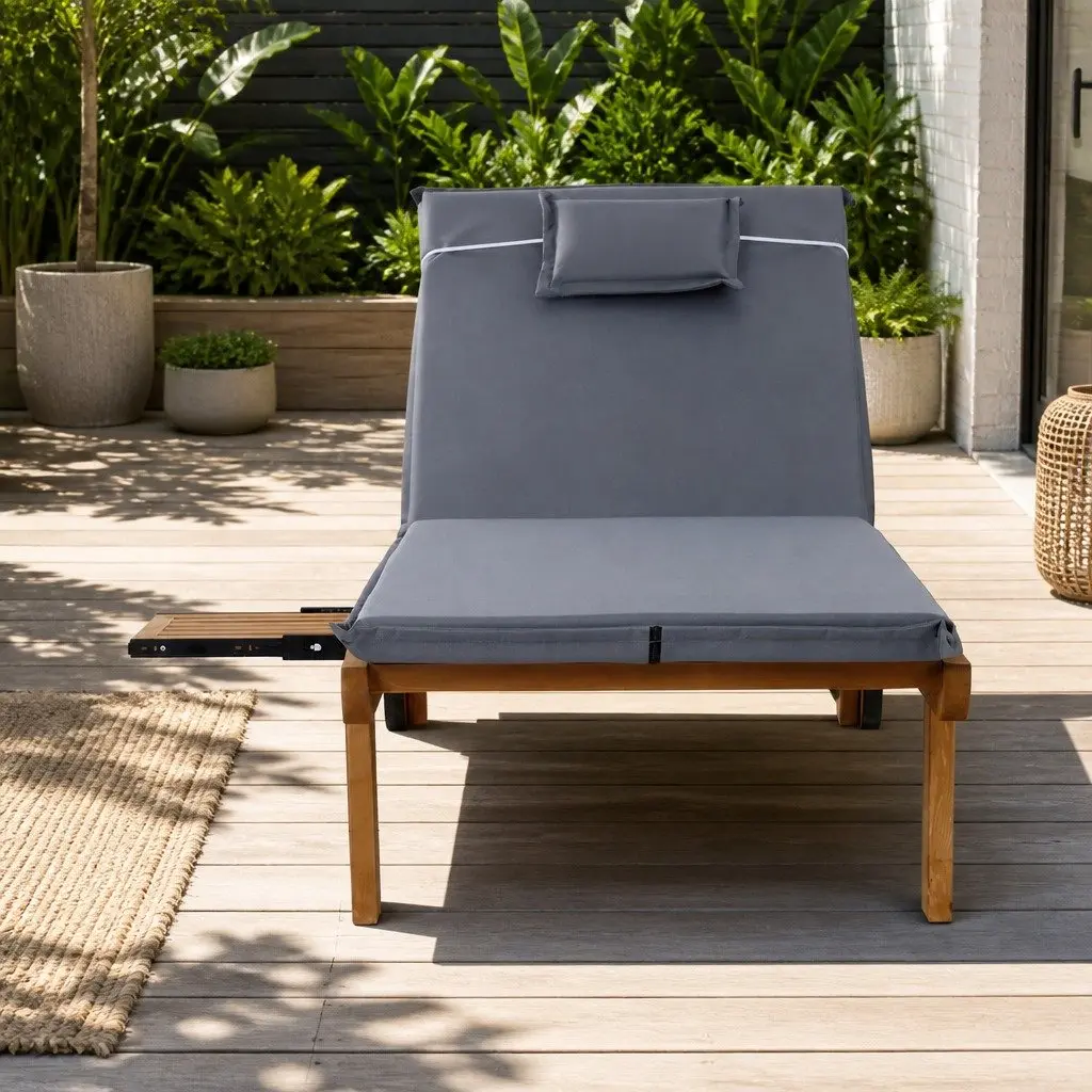 Wooden Sun Lounger with Grey Cushion