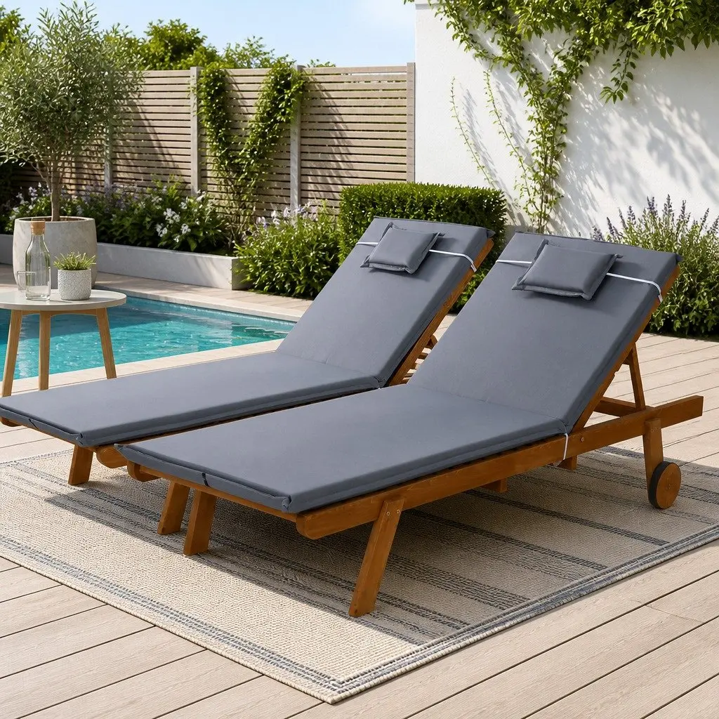 Wooden Sun Lounger Outdoor with Wheels Adjustable Backrest Grey Cushion Set of 2