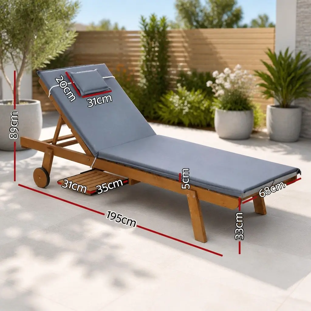 Wooden Sun Lounger Outdoor with Wheels Adjustable Backrest Grey Cushion Set of 2