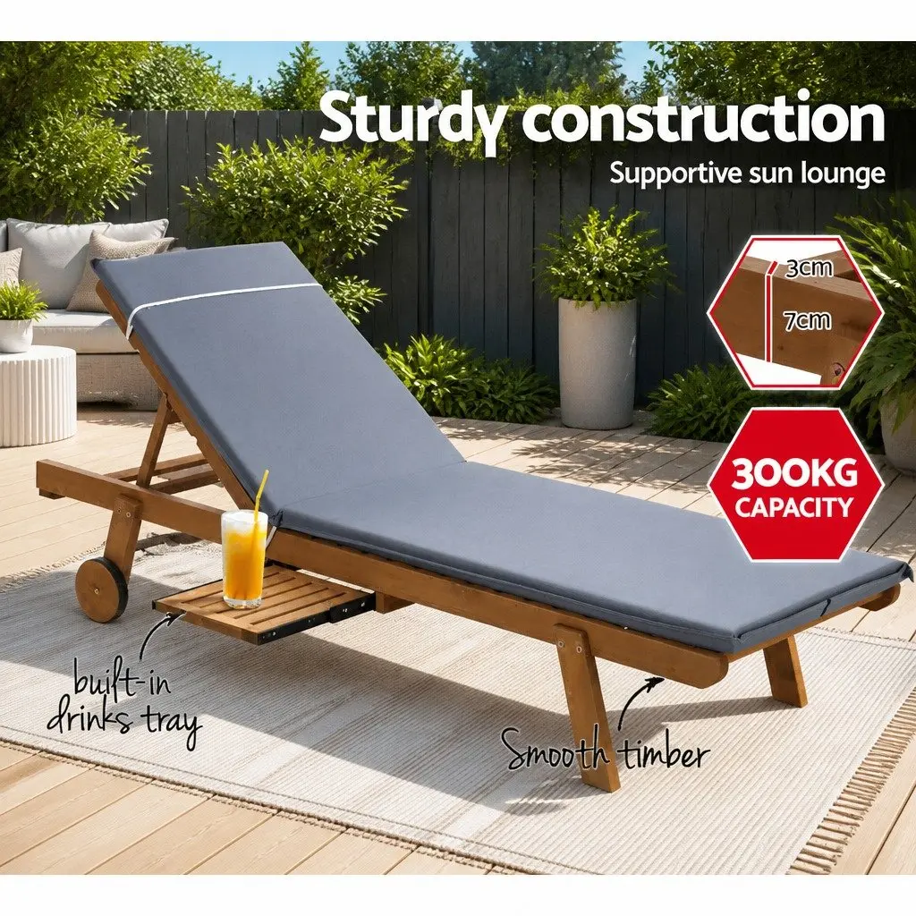Wooden Sun Lounger Outdoor with Wheels Adjustable Backrest Grey Cushion Set of 2
