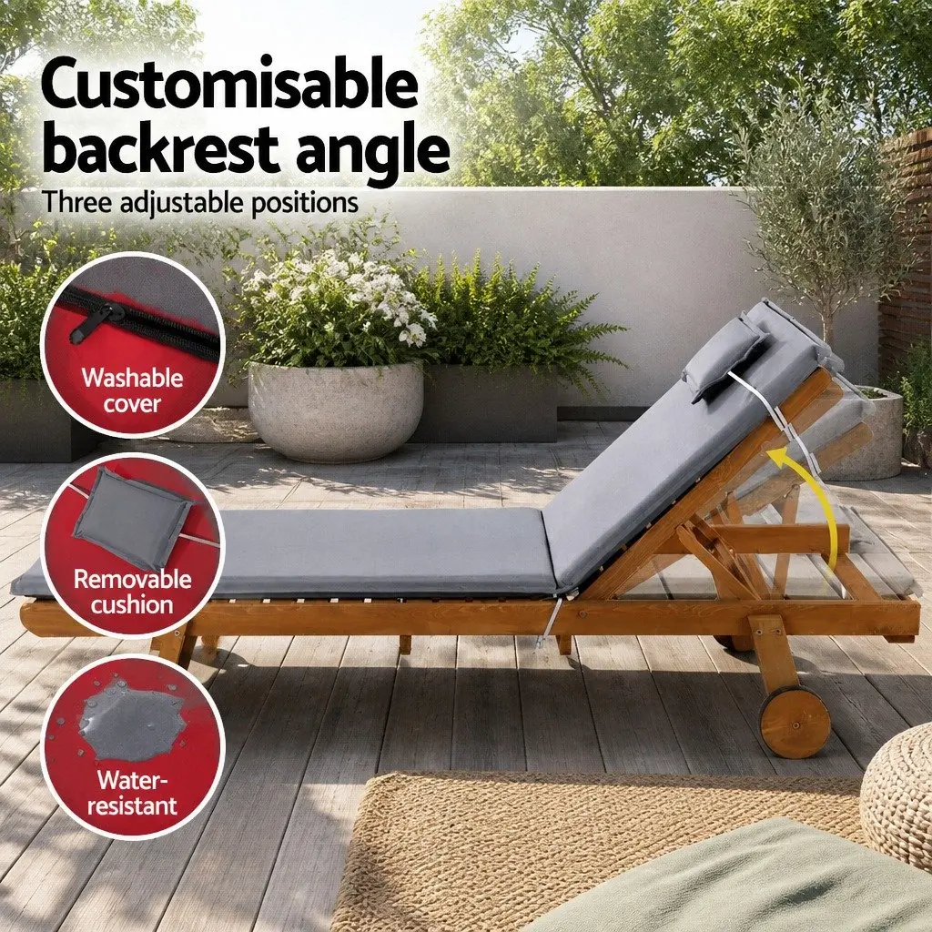 Wooden Sun Lounger Outdoor with Wheels Adjustable Backrest Grey Cushion Set of 2