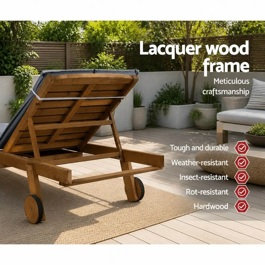 Wooden Sun Lounger Outdoor with Wheels Adjustable Backrest Grey Cushion Set of 2
