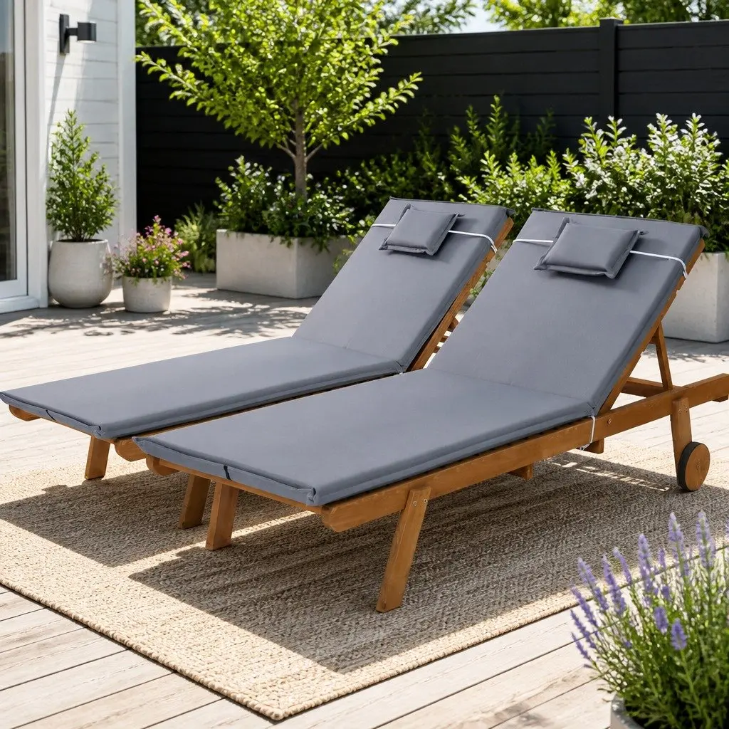 Wooden Sun Lounger Outdoor with Wheels Adjustable Backrest Grey Cushion Set of 2