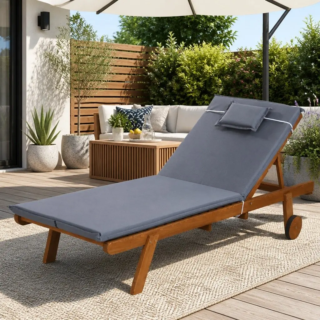 Wooden Sun Lounge Outdoor Lounger Day Bed Adjustable Backrest Grey