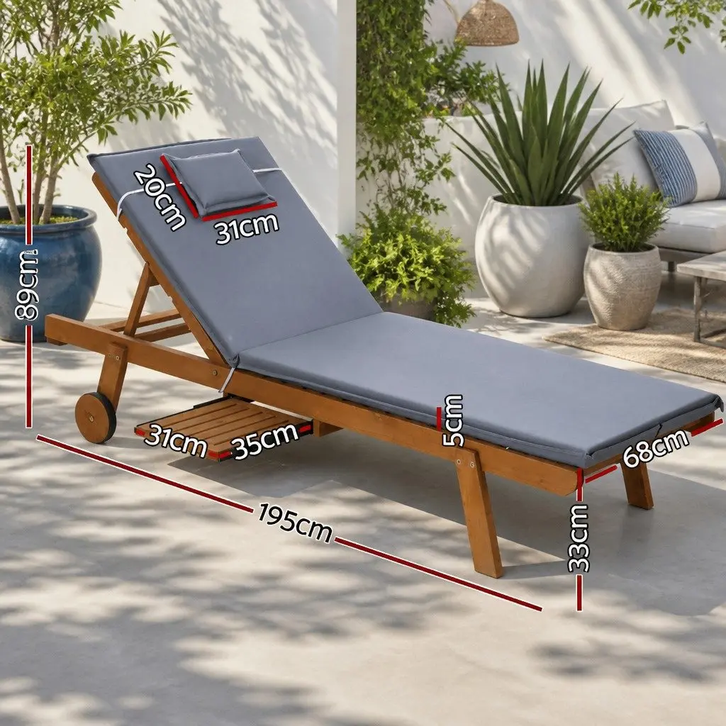 Wooden Sun Lounge Outdoor Lounger Day Bed Adjustable Backrest Grey
