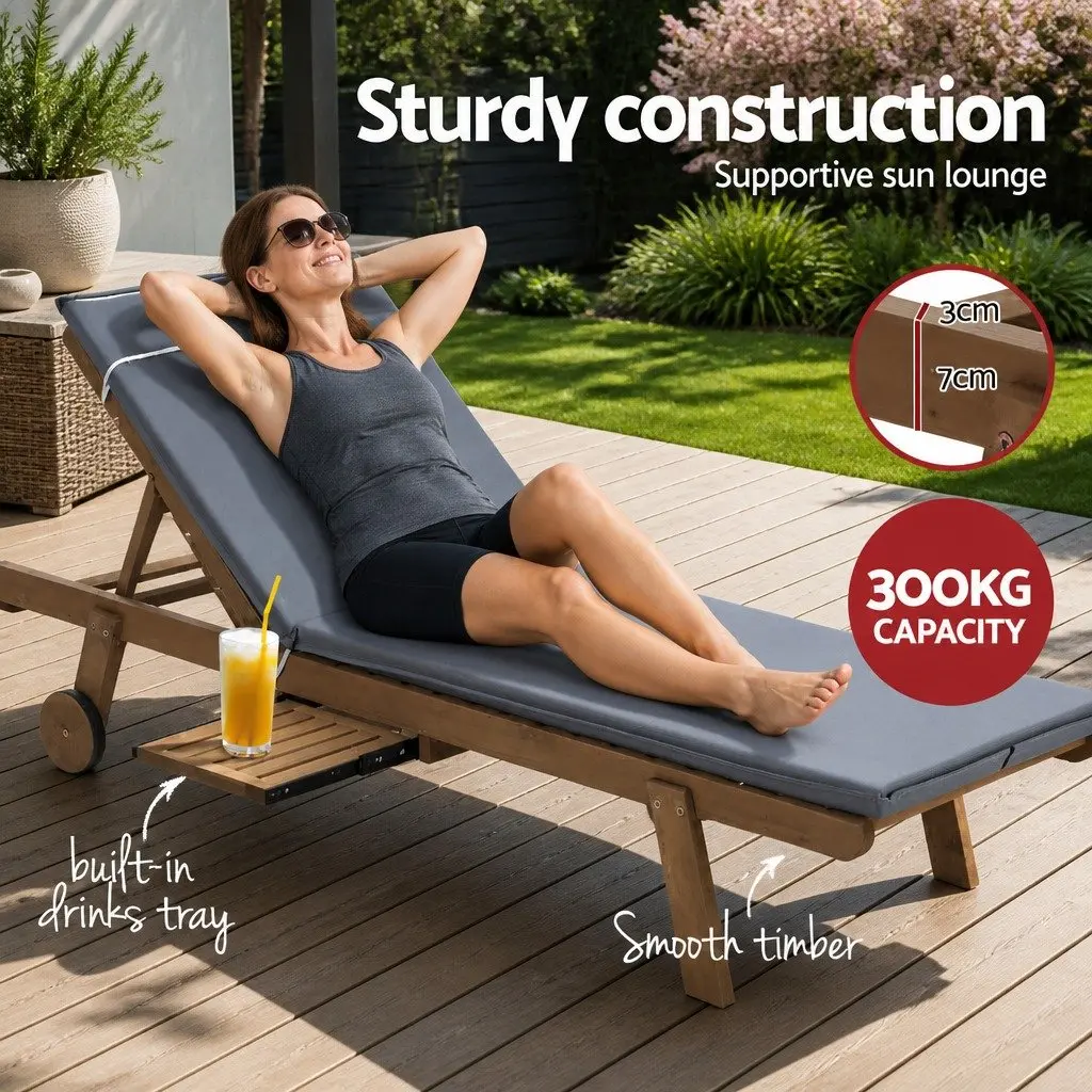 Wooden Sun Lounge Outdoor Lounger Day Bed Adjustable Backrest Grey