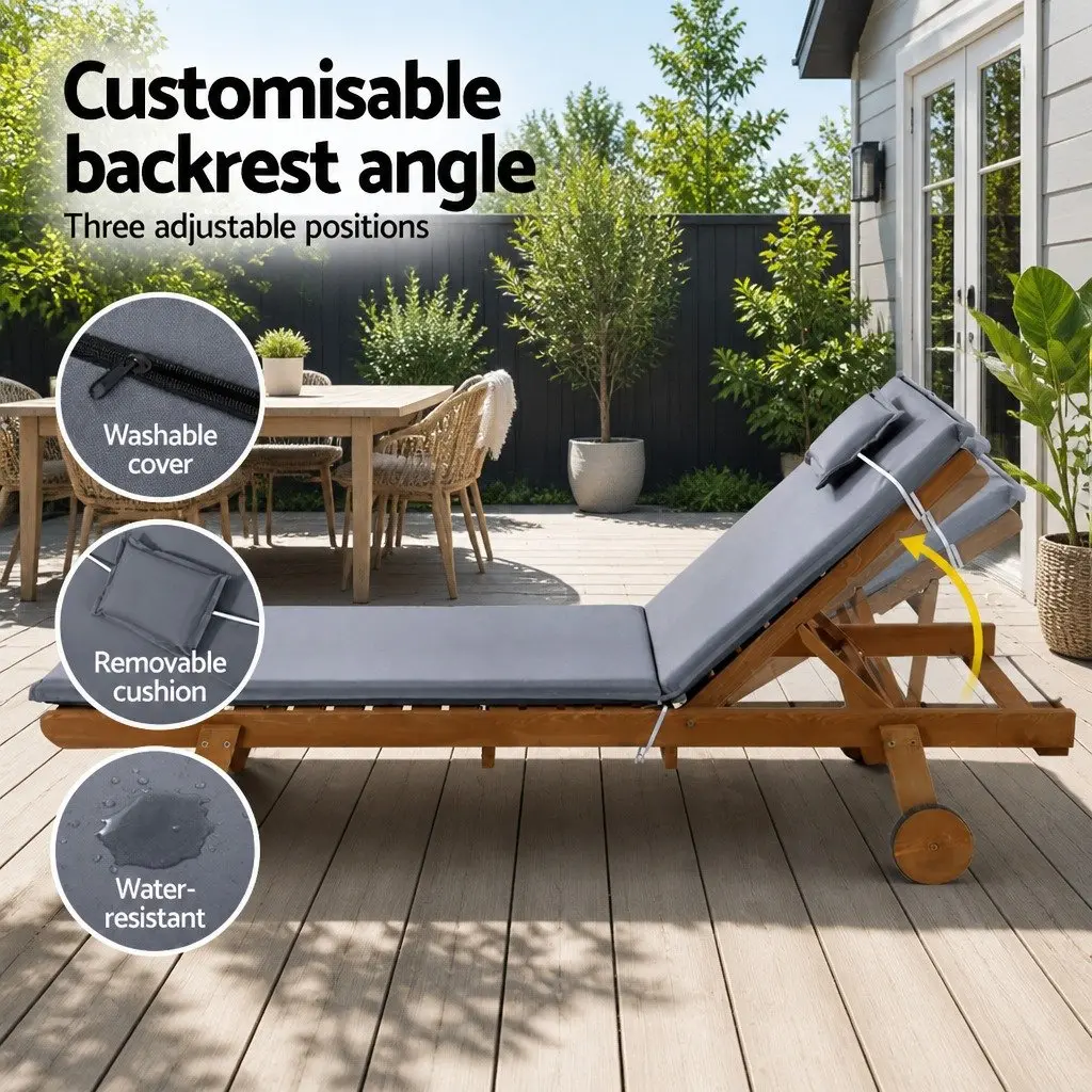 Wooden Sun Lounge Outdoor Lounger Day Bed Adjustable Backrest Grey
