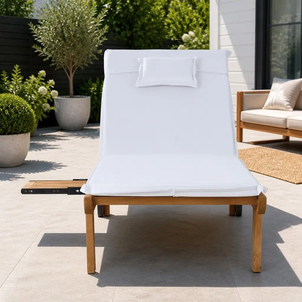 Wooden Sun Lounger Outdoor Day Bed with Wheels Adjustable Backrest 195cm L x 68cm W x 89cm H