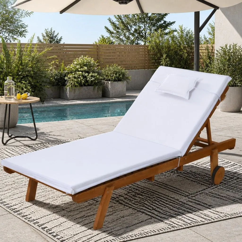 Wooden Sun Lounger Outdoor Day Bed with Wheels Adjustable Backrest 195cm L x 68cm W x 89cm H