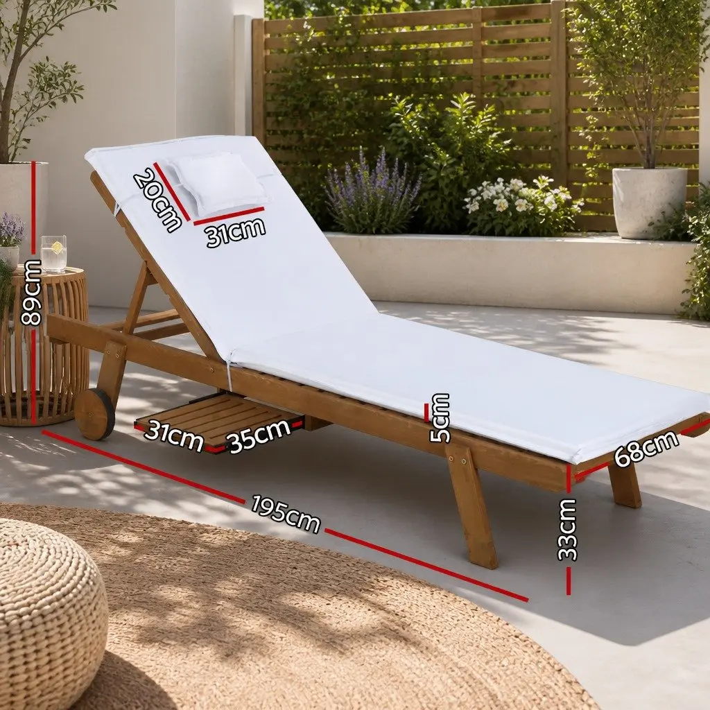 Wooden Sun Lounger Outdoor Day Bed with Wheels Adjustable Backrest 195cm L x 68cm W x 89cm H