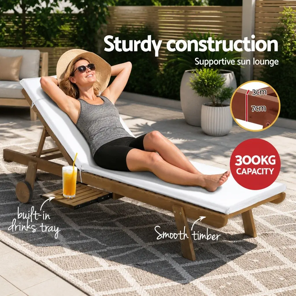 Wooden Sun Lounger Outdoor Day Bed with Wheels Adjustable Backrest 195cm L x 68cm W x 89cm H