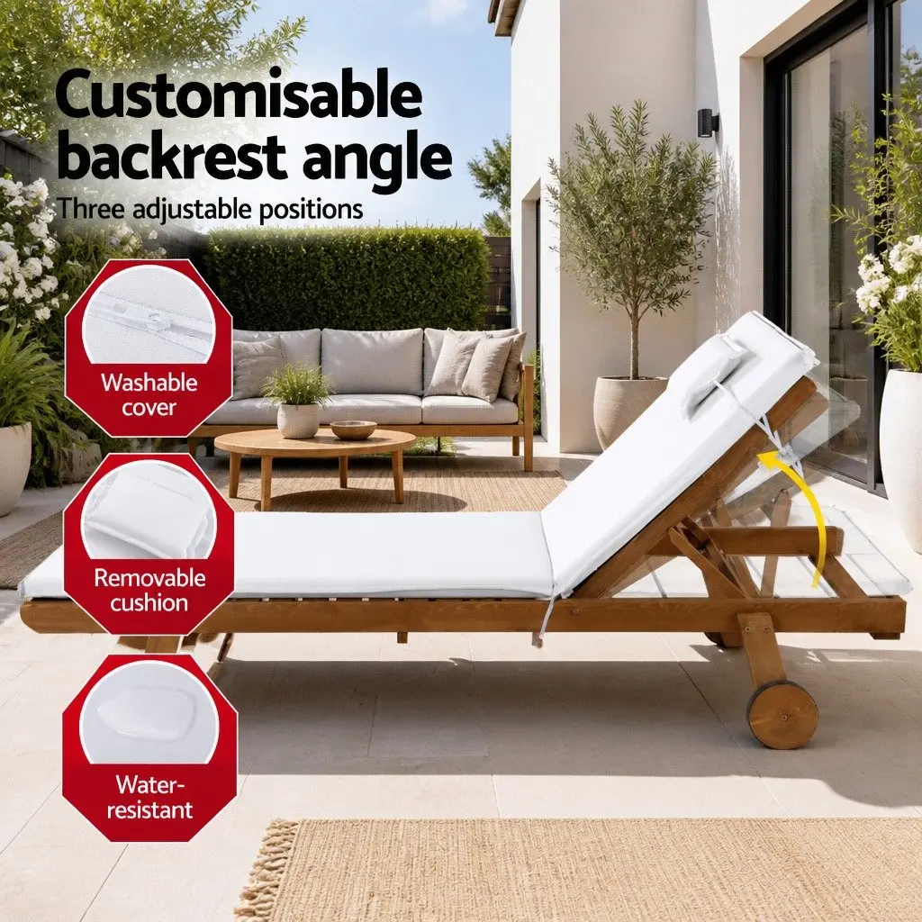 Wooden Sun Lounger Outdoor Day Bed with Wheels Adjustable Backrest 195cm L x 68cm W x 89cm H