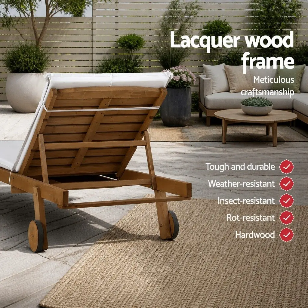 Wooden Sun Lounger Outdoor Day Bed with Wheels Adjustable Backrest 195cm L x 68cm W x 89cm H