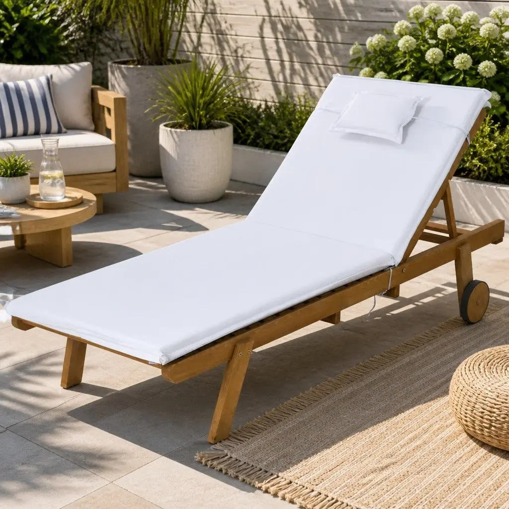 Wooden Sun Lounger Outdoor Day Bed with Wheels Adjustable Backrest 195cm L x 68cm W x 89cm H